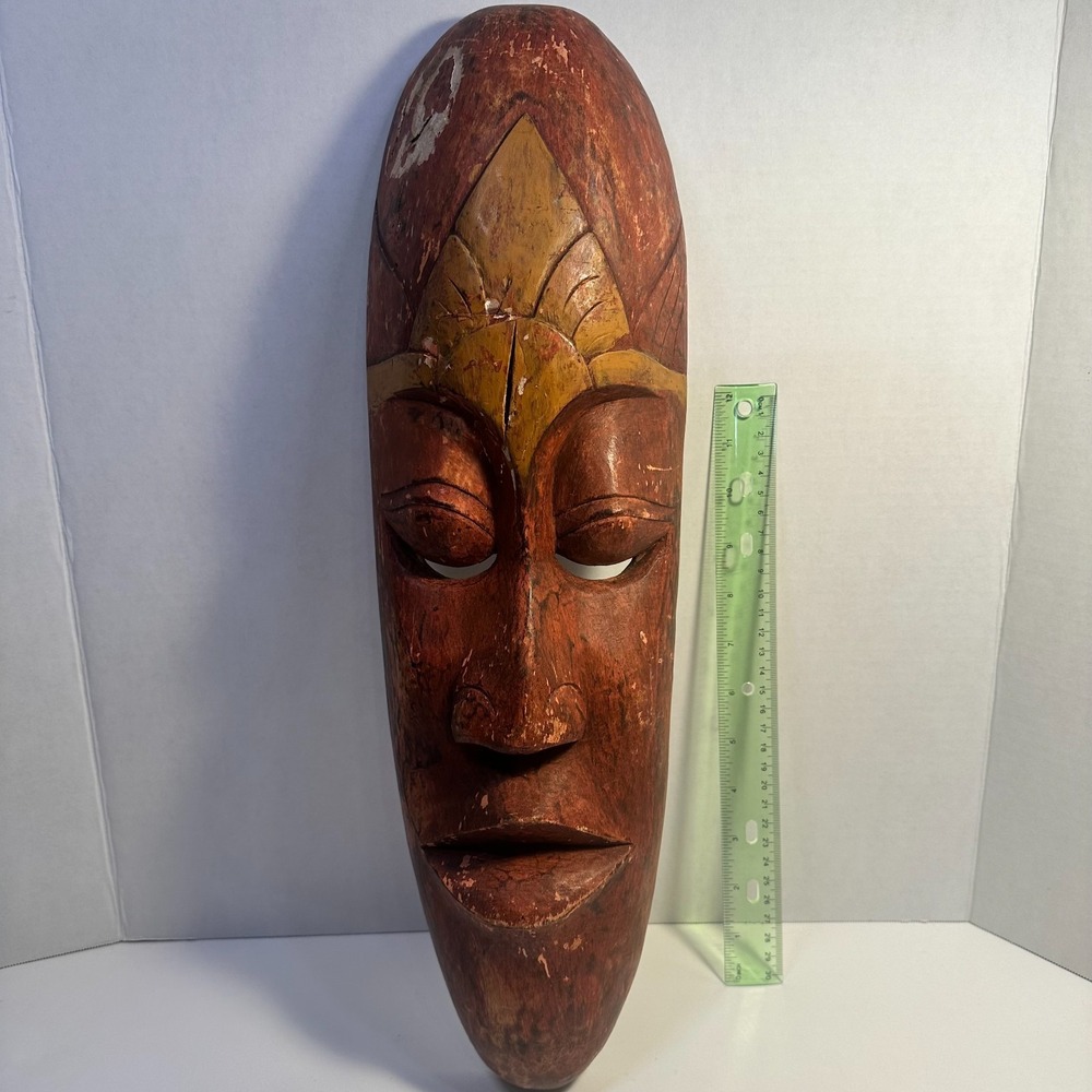 Vintage Long Hand Carved Wood Face Wall Mask Brown Folk Art Home Decor
